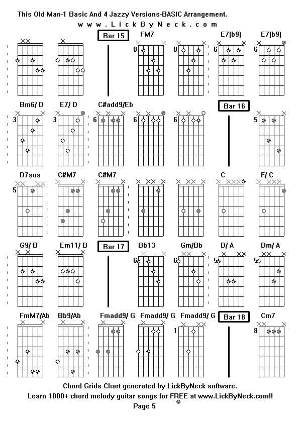 Chord Grids Chart of chord melody fingerstyle guitar song-This Old Man-1 Basic And 4 Jazzy Versions-BASIC Arrangement,generated by LickByNeck software.